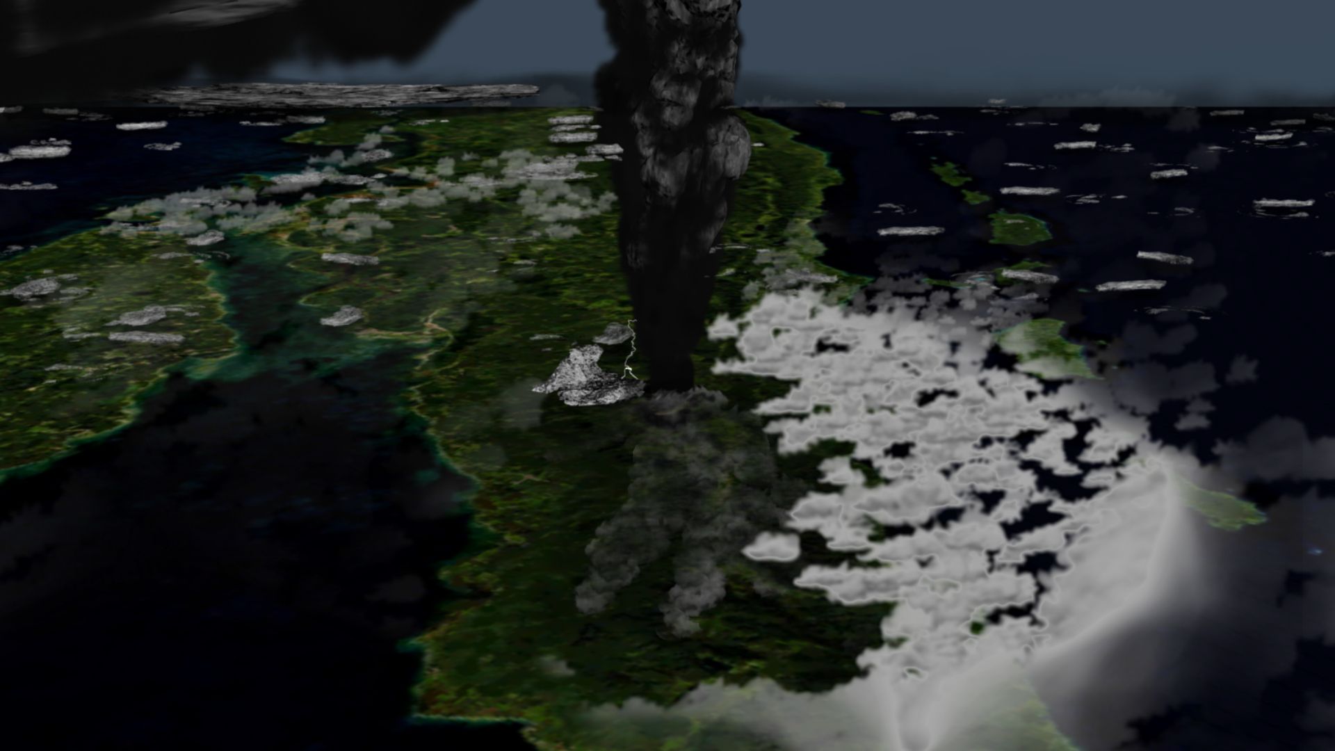 Illustration of what the Toba eruption might have looked like around 42 km above northern Sumatra.
