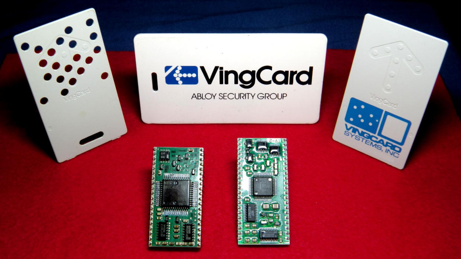 Vingcard Systems 1080 and 1090 electronic optical keycard modules manufactured in the early 1990s based on a NEC 8-bit embedded low power microcontroller.