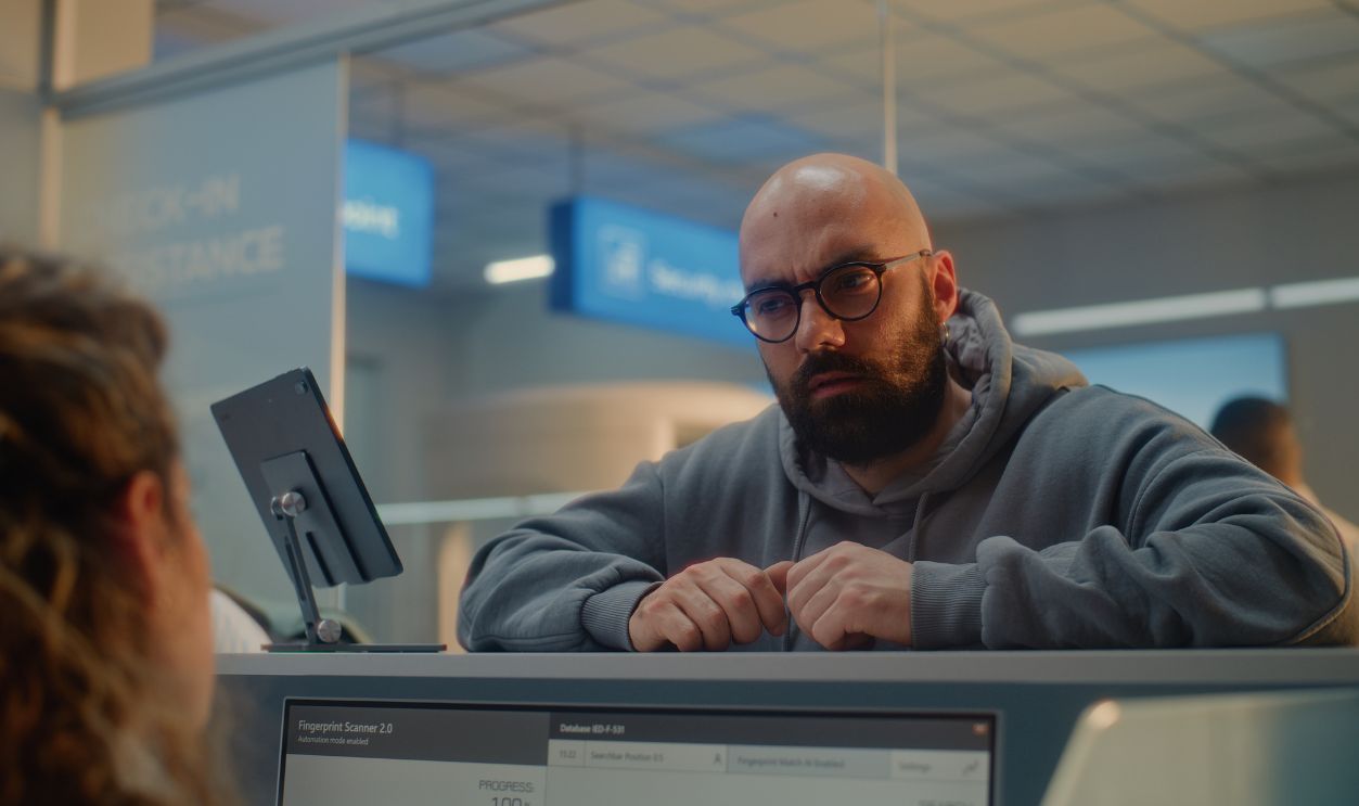 Airport Check-in Counter: Man Giving Documents and Airplane Ticket to Airline Agent, Putting Finger on Touch Screen to Verify Biometric Data by Scanning Fingerprint. Passport Check in Airport Terminal