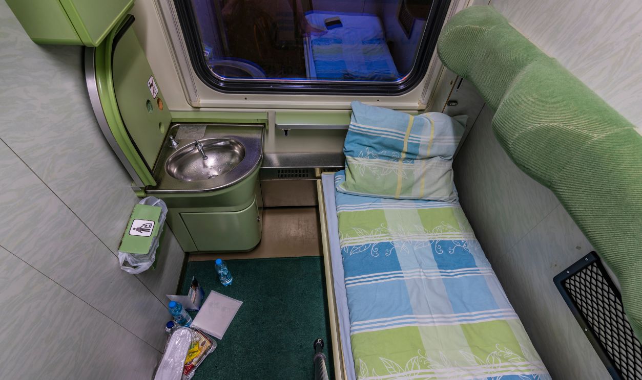 Interior of night train from Prague to Slovakia with single bed room
