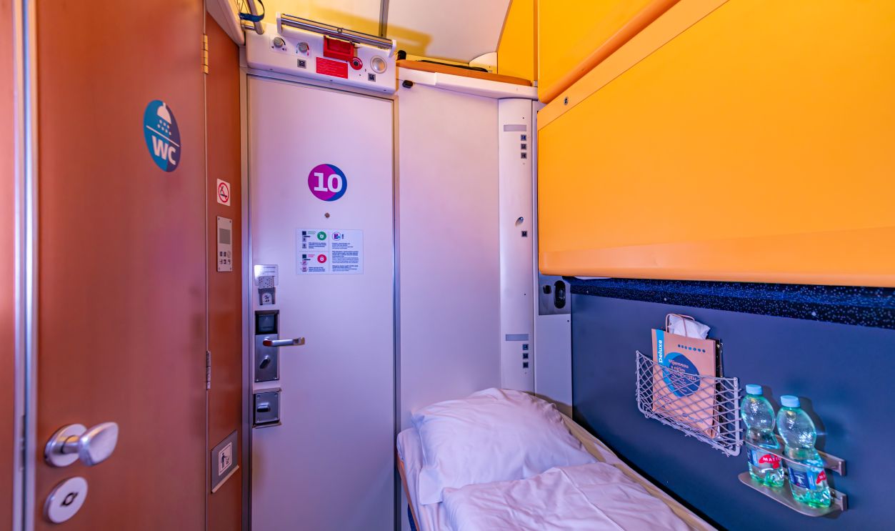 Sleeping deluxe compartment in night train from Prague to Humenne in Prague CZ 09 26 2025