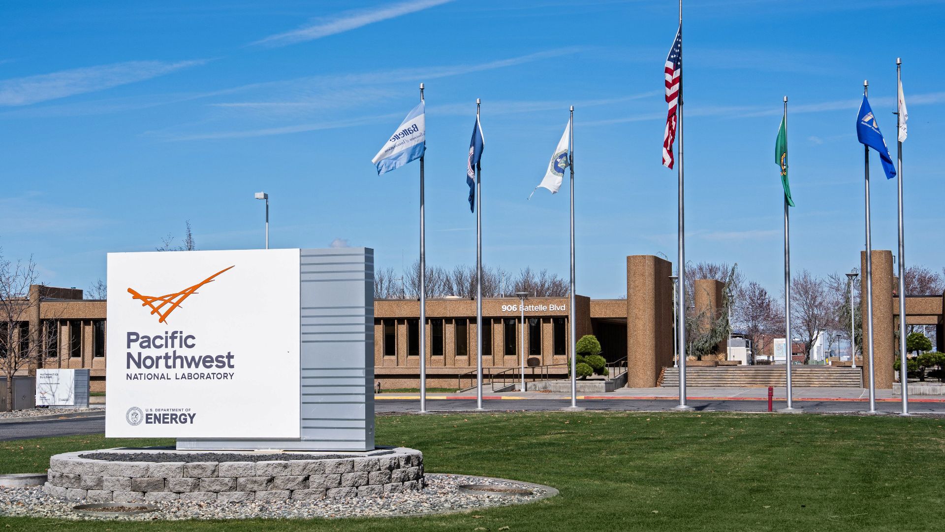 PNNL monument sign in front of the Research Operations Building in Richland, WA