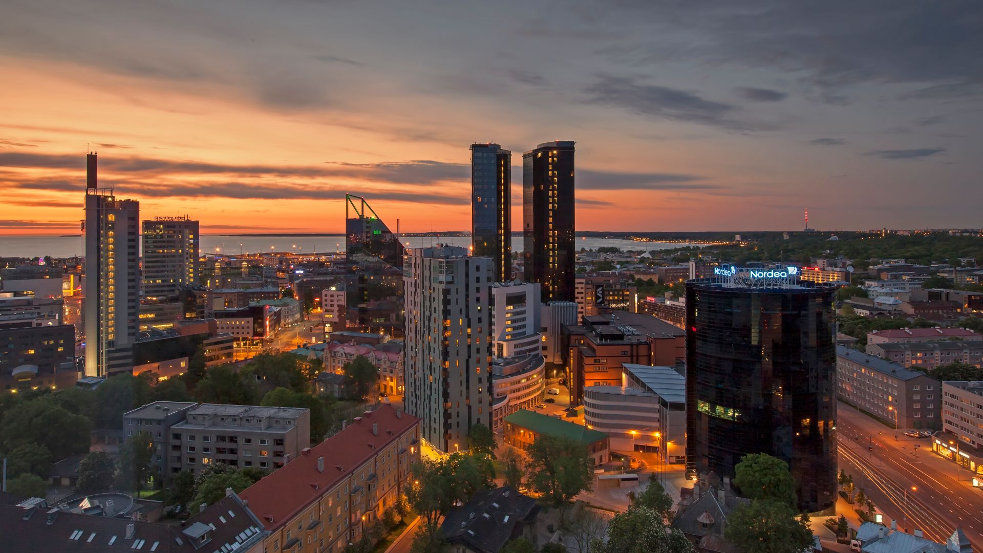 Downtown Tallinn during sunset.