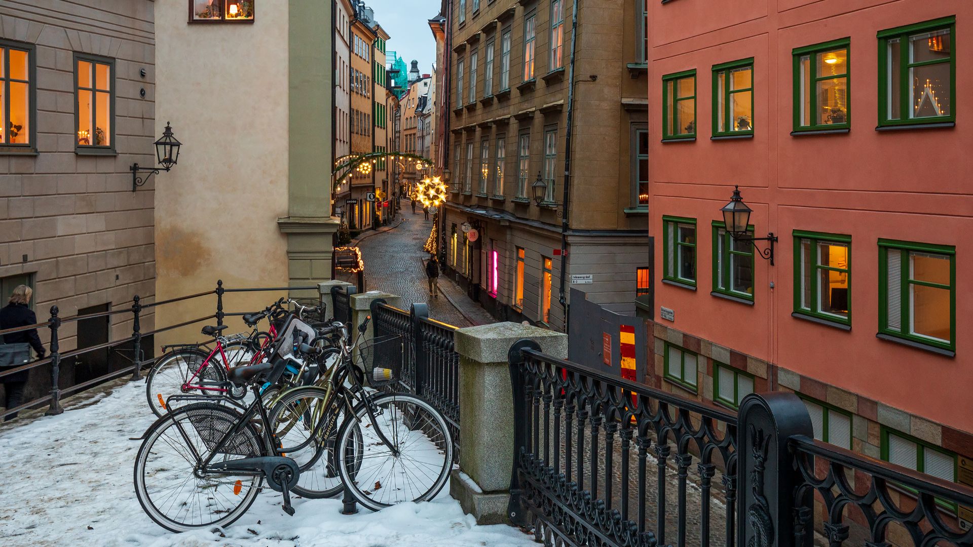 The corner between Södra Benickebrinken and Österlånggatan streets in Gamla Stan, Stockholm, Sweden in 2022 December.