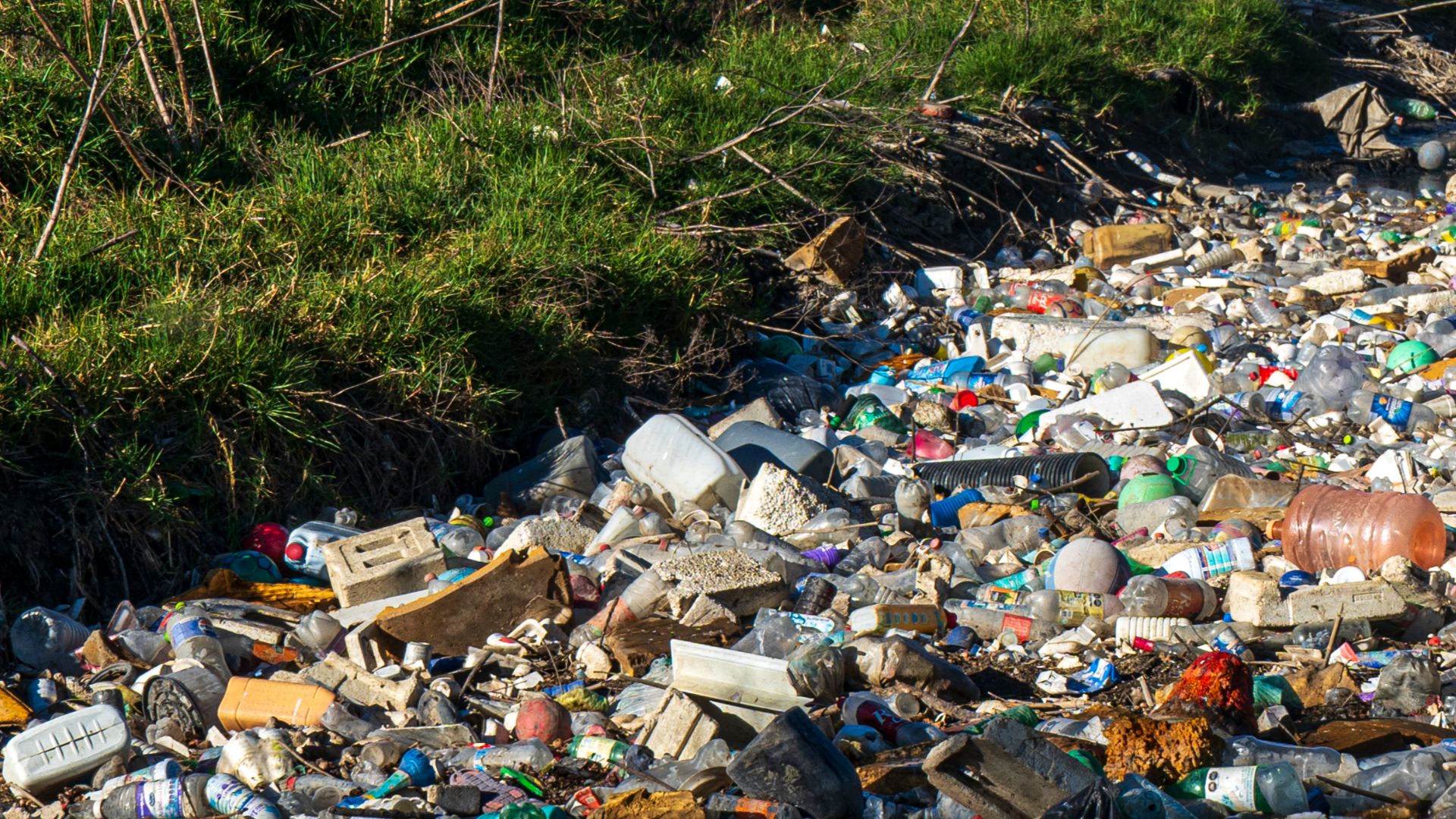 A river valley in Mexico, now buried under a carpet of plastic waste. Along the highway above, a commercial water bottling truck passes without slowing down — while below, among hundreds of discarded bottles.