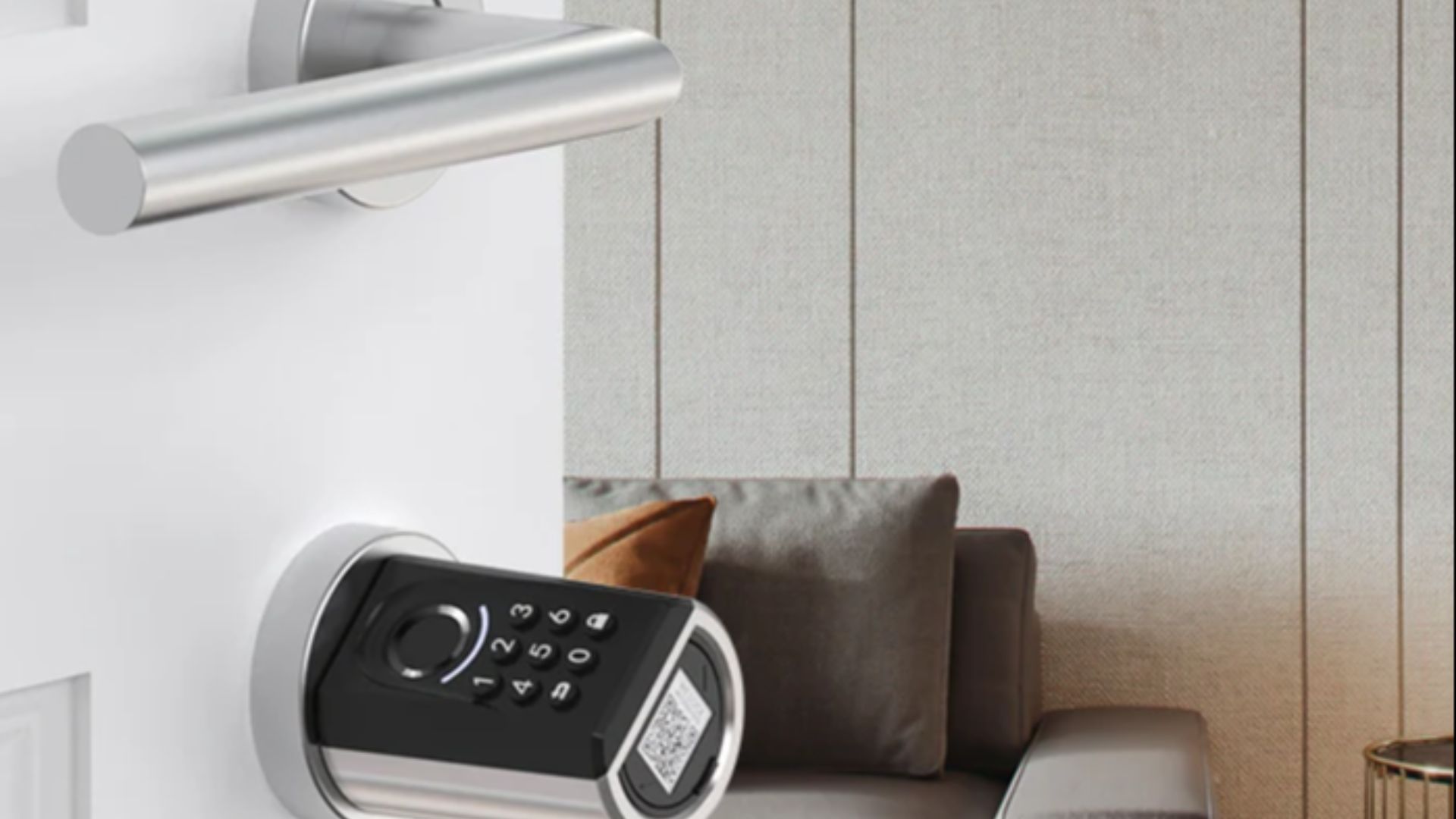 Photo of the WELOCK ToucA51 smart lock installed on a white interior door. The lock features a fingerprint sensor and illuminated keypad. A grey sofa is visible in the background.