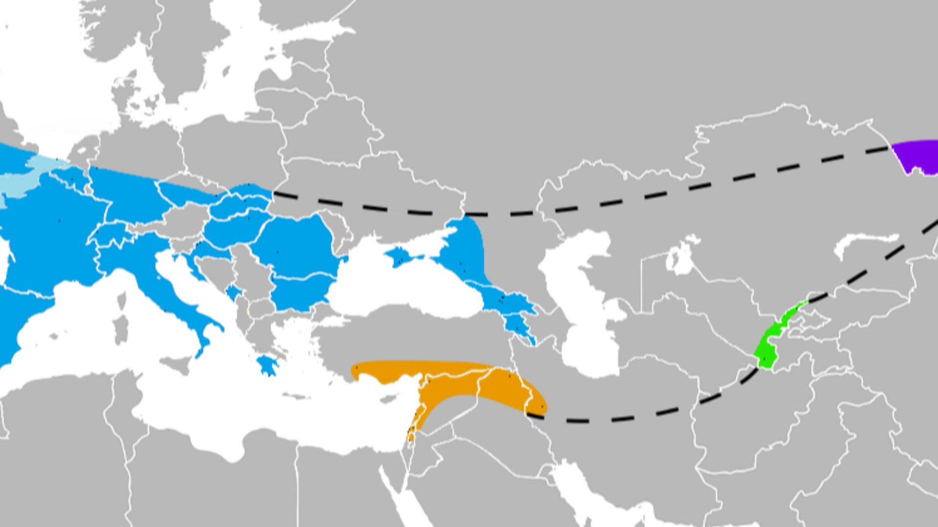 Known Neanderthal range in Europe (blue), Southwest Asia (orange), Uzbekistan (green), and the Altai mountains (violet), as inferred by their skeletal remains (not stone tools). For sources, please see User:Nicolas_Perrault_III/List_of_Neanderthals 
In th
