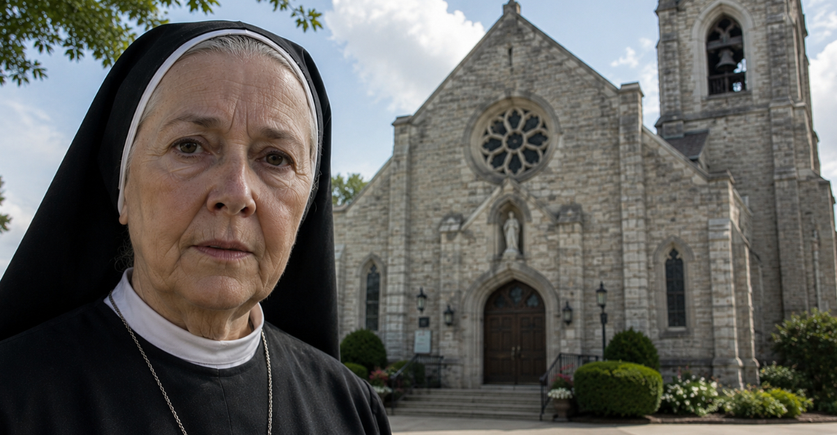 Nun looking at camera, church in background