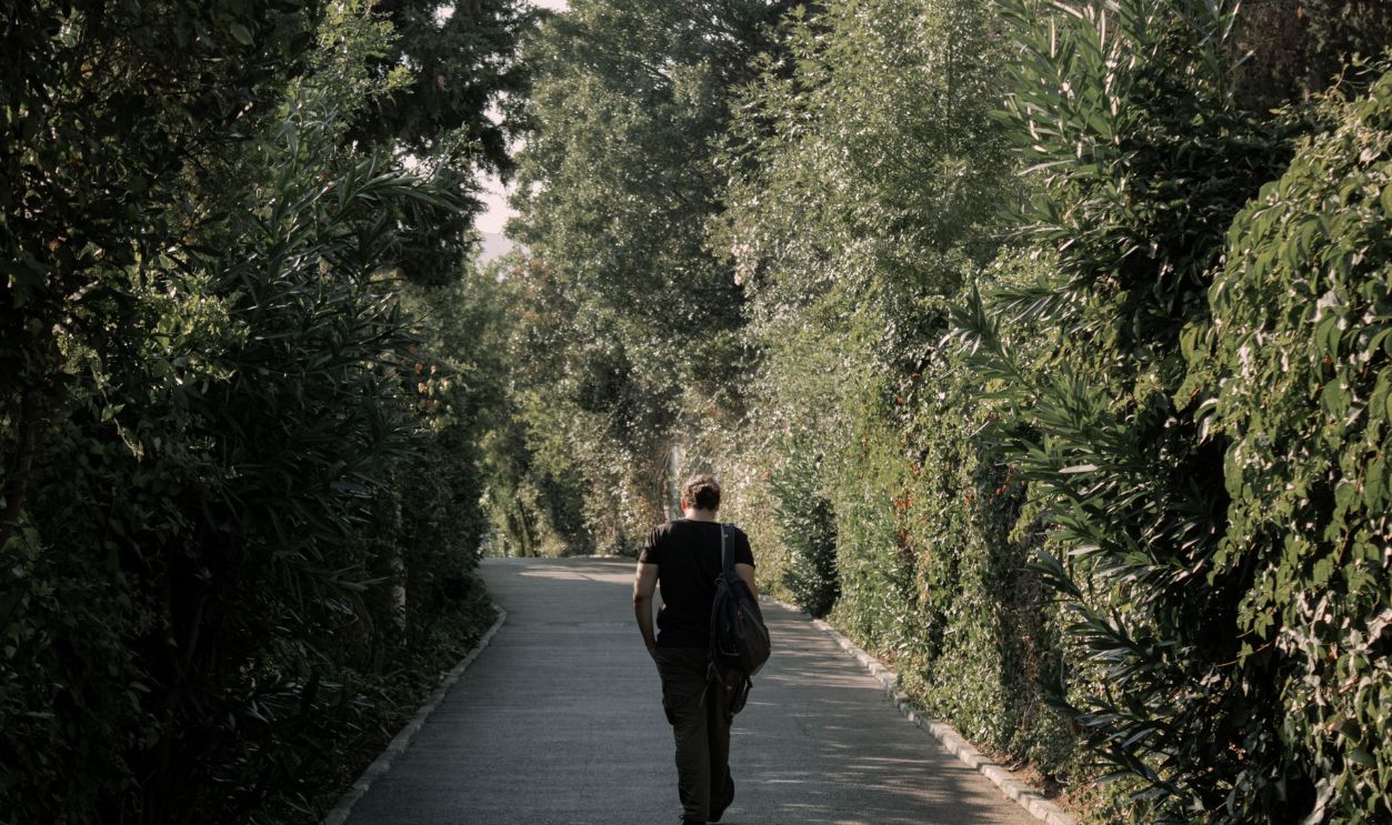 A solitary person walks along a tree-lined path on Heybeliada