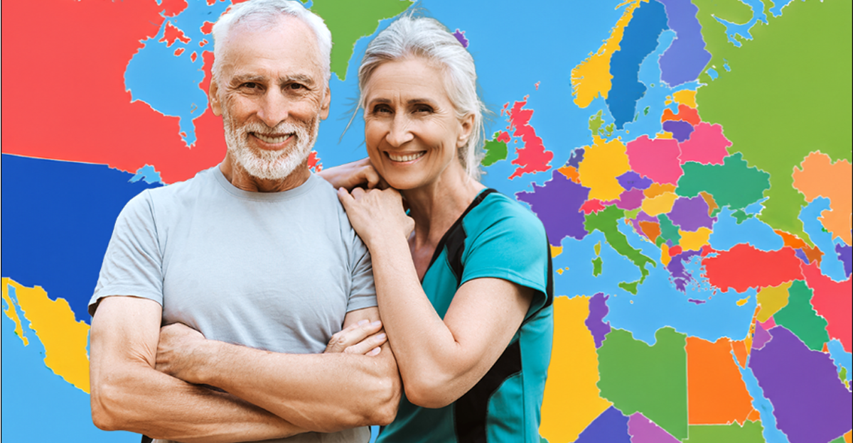 Smiling senior couple in front of AI-generated background