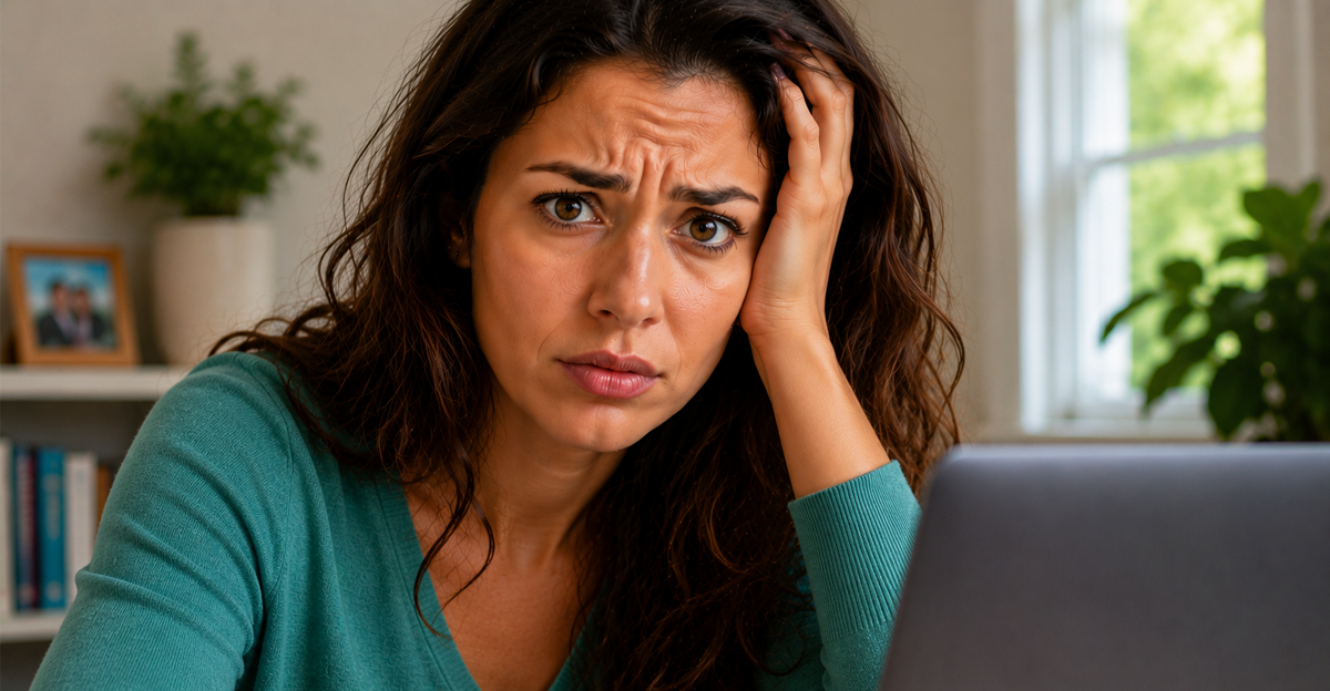 AI-generated image of woman with hand on head in front of laptop