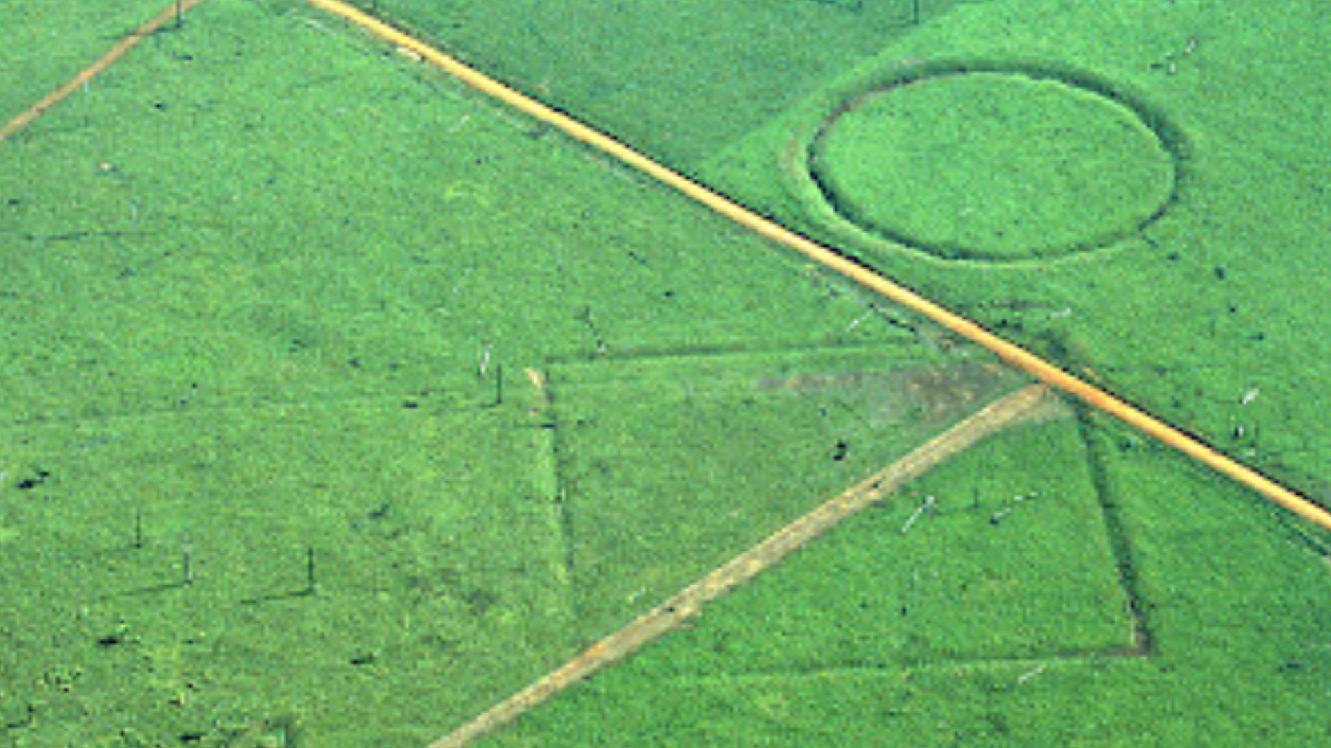 Geoglyphs on deforested land at the Fazenda Colorada site in the Amazon rainforest, Rio Branco area, Acre. Site dated c. AD 1283. (More facts)