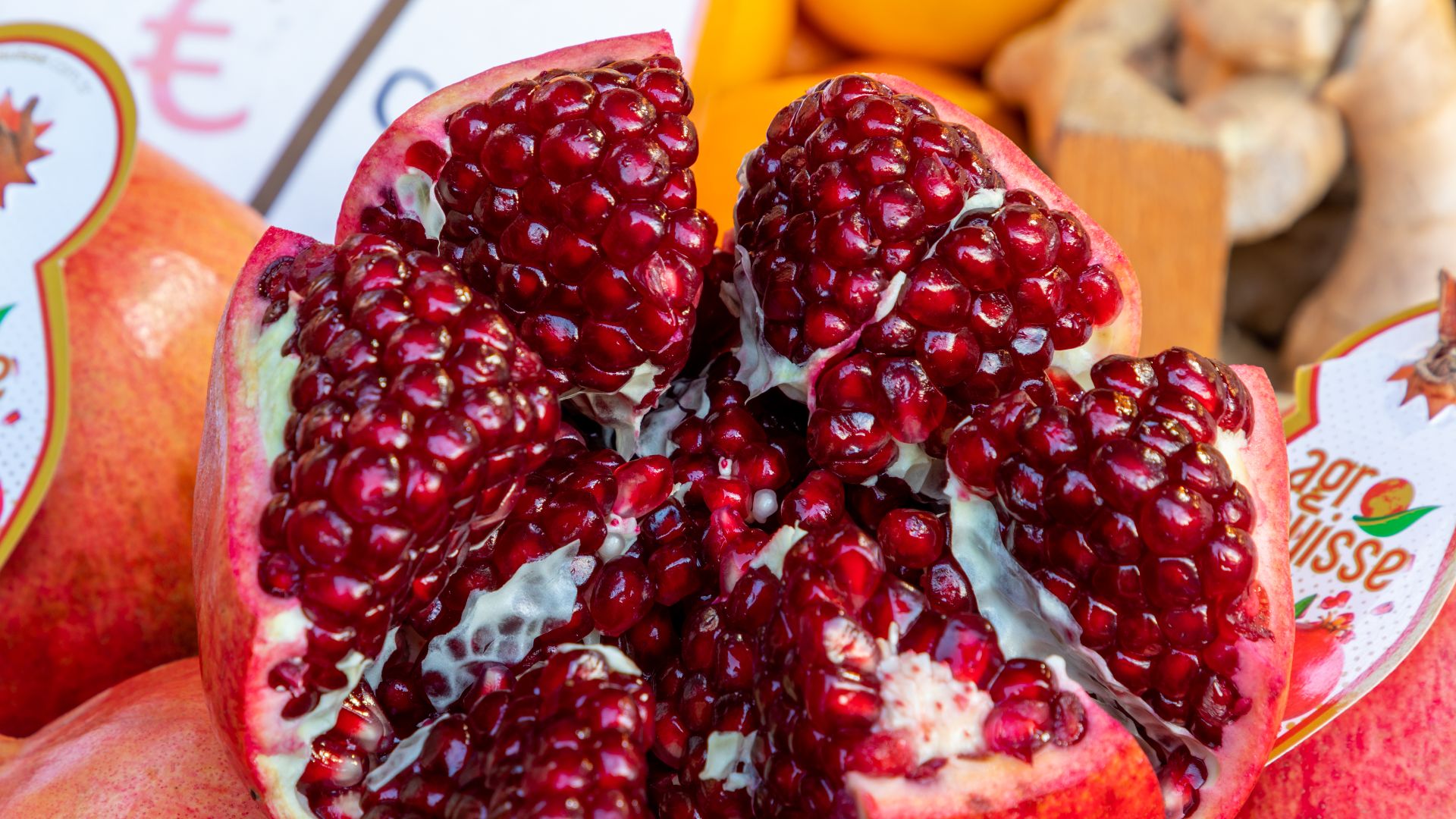 Pomegranates at the market in Münster, North Rhine-Westphalia, Germany