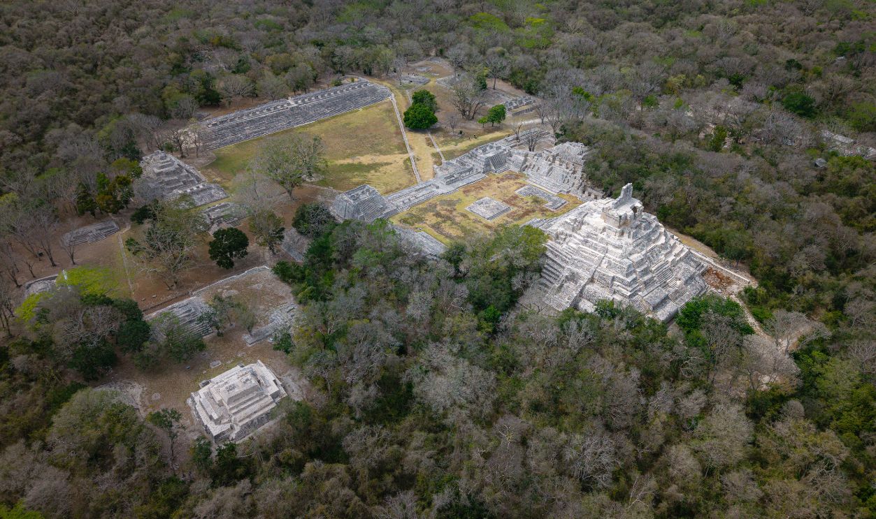 Aerial view of the Mayan city of Edzna, Campeche, Mexico