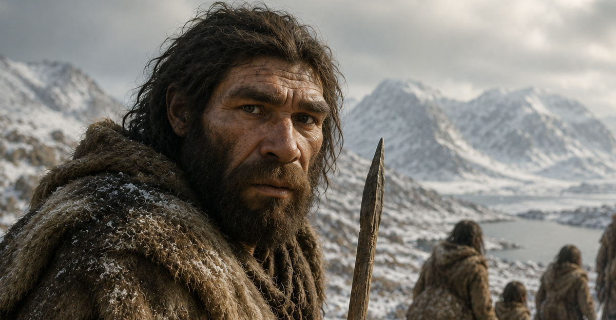 AI-generated image of an Ice Age man and his family migrating into Europe.