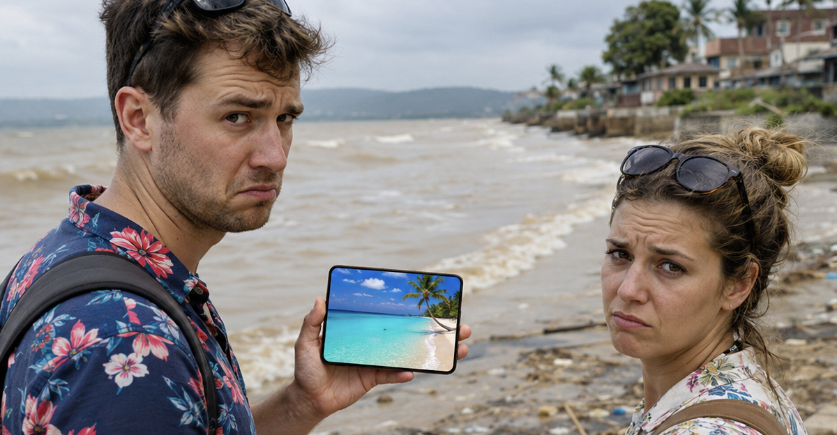 Disappointed tourists on a beach that doesn't look like the social media picture they're holding up.