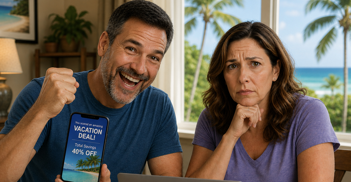 AI-generated image of a couple who got a discount on their vacation for booking during the rainy season.