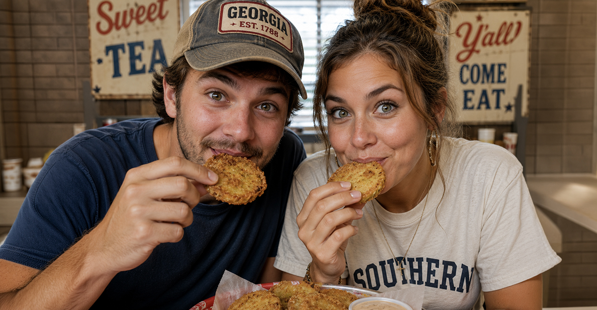 A man and woman eating fried food