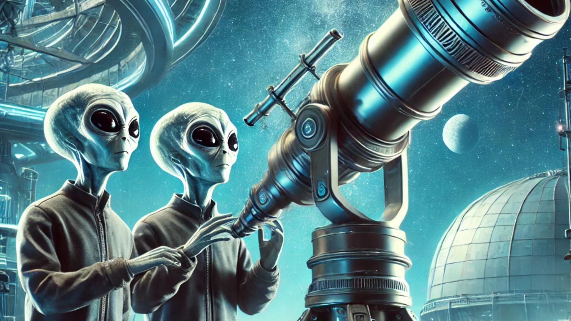 Two aliens look at Earth through a telescope.