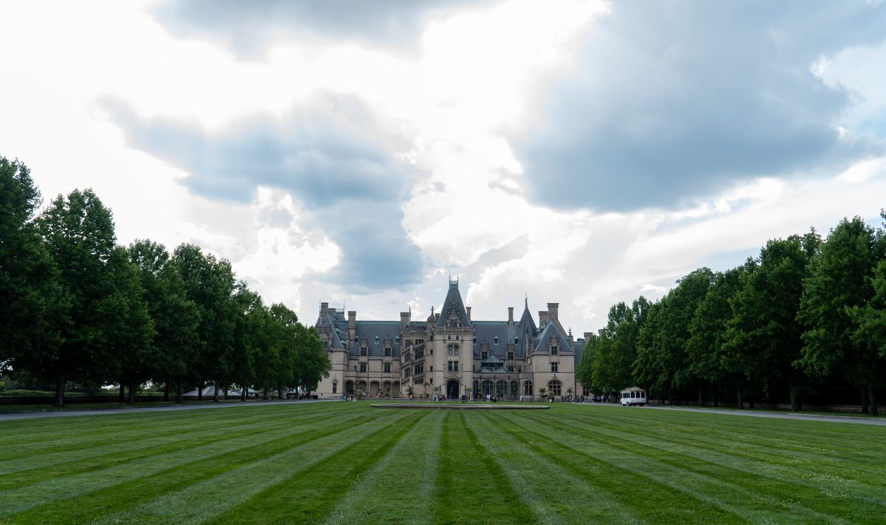 Scenic view of Biltmore Estate in Asheville, NC, with dramatic sky