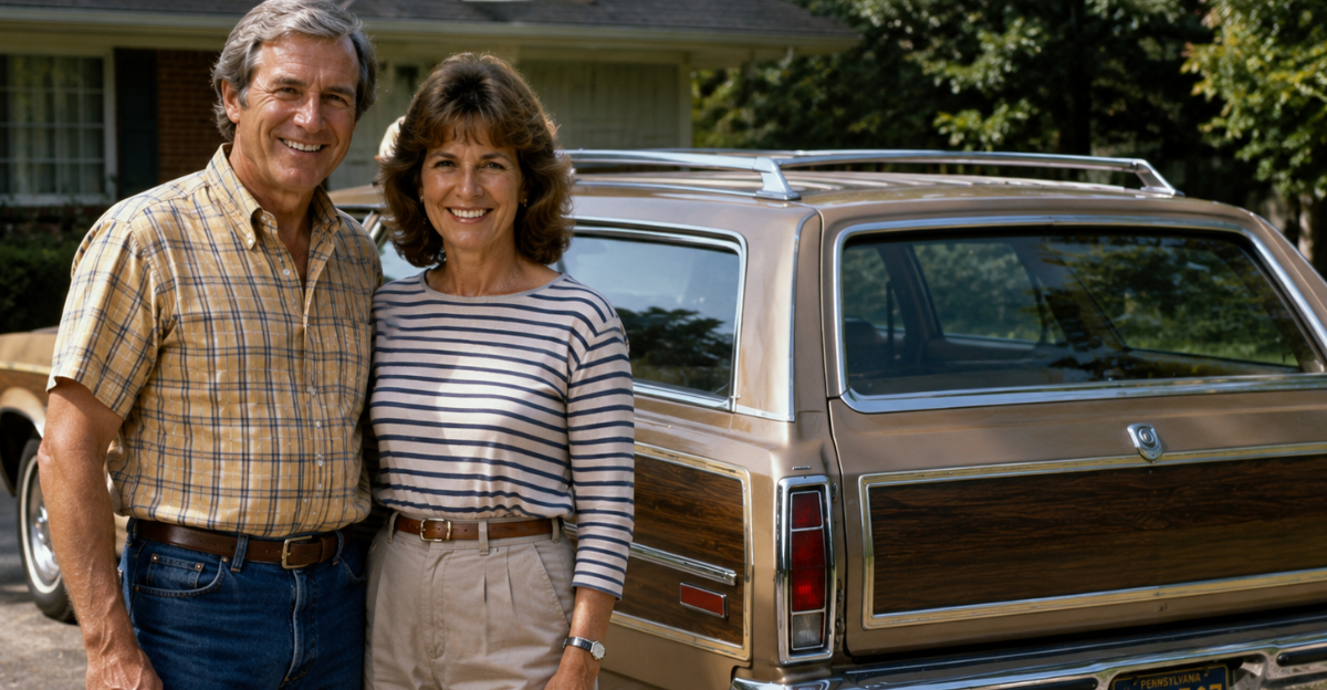 1970s couple in front of station wagon