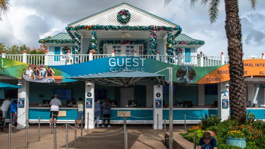 Orlando, Florida. November 06, 2019. Panoramic view fo Guest Services with Christmas decoration at Seaworld