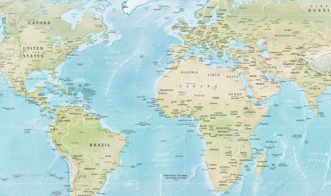 Physical map of the world. Robinson projection