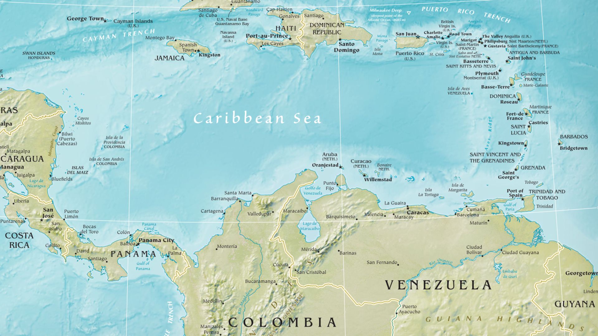 Shaded relief map of Central America and the Caribbean, Lambert Conformal Conic Projection, standard parallels 7°N and 24°N