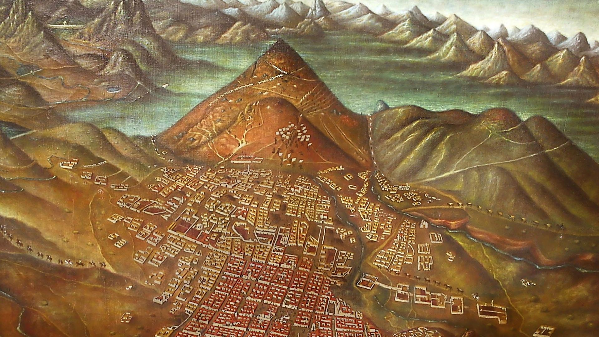 Panorama de la Villa Imperial de Potosí en 1758 según Miguel Gaspar de Berrio. Medidas: 120 ancho x 86 alto cm. Colección particular. Bolivia, Sudamérica. La evolución y crecimiento urbano de la Ciudad de Potosí refleja la amplitud de la economía colonial