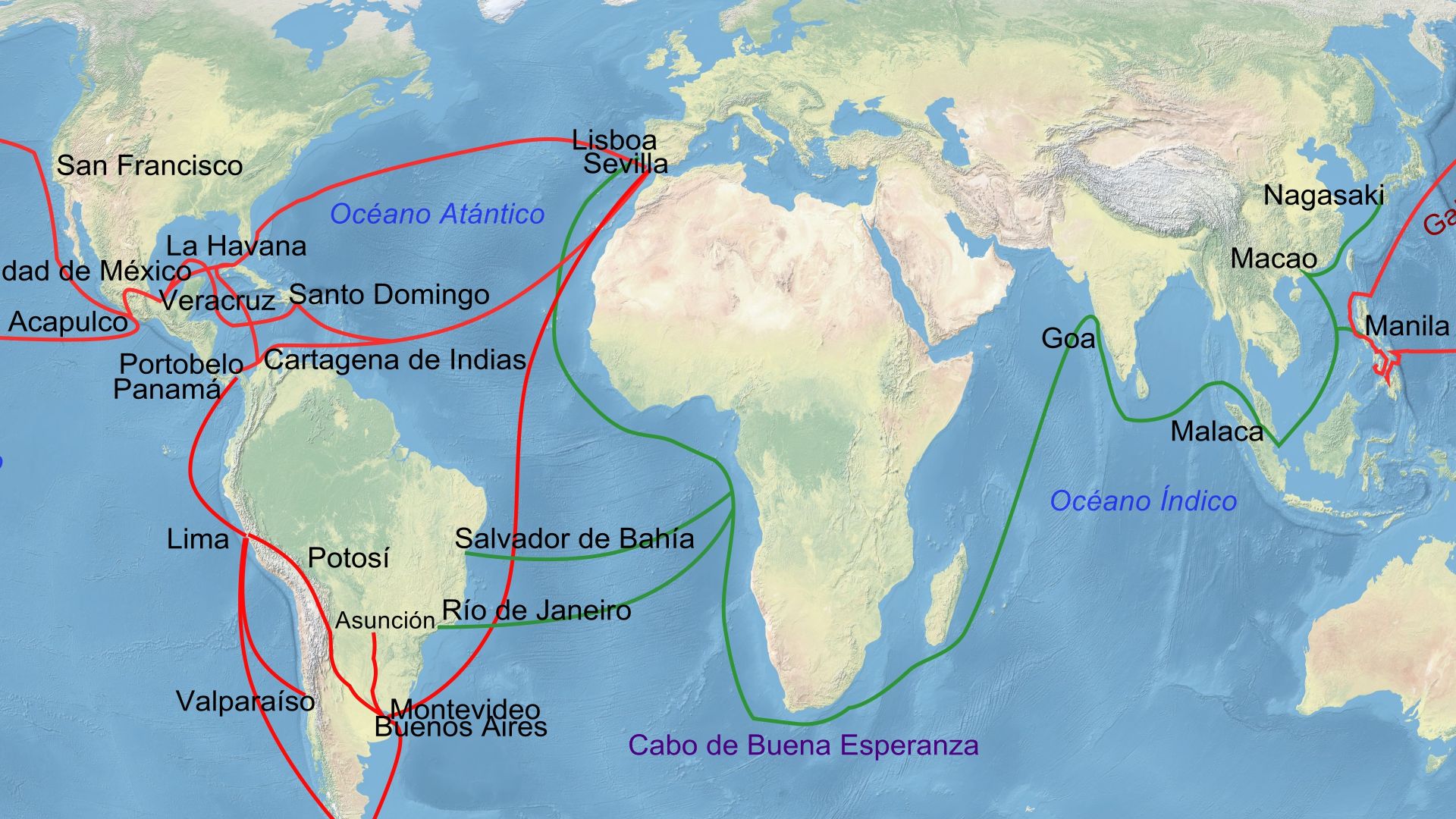 Mapa donde se muestran las principales rutas comerciales del Imperio Español. Se muestran tanto las rutas españolas como las portuguesas, en principio rivales de las españolas, aunque las coronas de España y Portugal se unificarían entre 1580 y 1640. Está