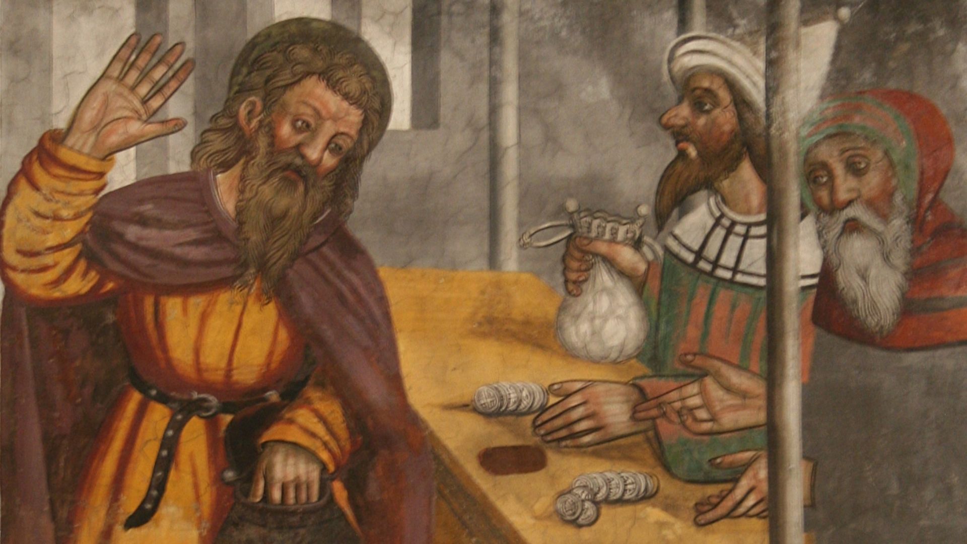 Judas being paid thirty pieces of silver, for the betrayal of Jesus. 16th century fresco painting on the vault in the Saint Sébastien Church, in Planpinet. Clarée valley, Hautes alpes département, France.