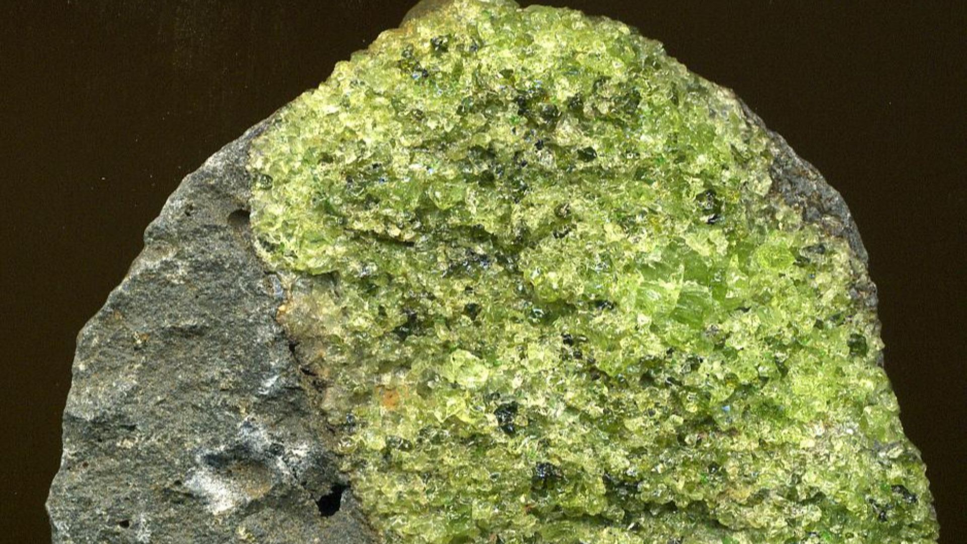 Peridotite mantle xenolith in vesicular phonotephrite from the Pleistocene of Arizona, USA. (7.5 cm across at its widest)
Green = peridotite
Gray = phonotephrite host rock
“Peridot” is a gemological term for gem-quality forsterite olivine, but it does not