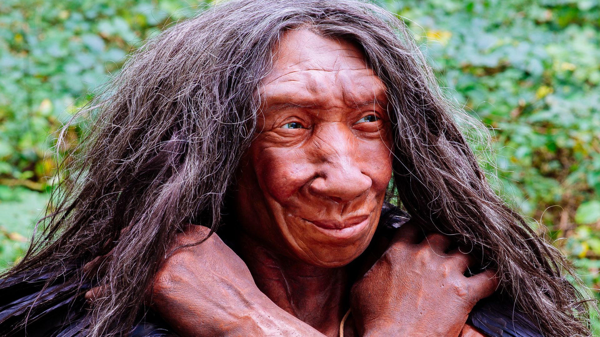 Lebend-Rekonstruktion im Neanderthal-Museum (Erkrath, Mettmann) eines Homo sapiens neanderthalensis (Ausschnitt des Originalfotos), Fundort Gibraltar