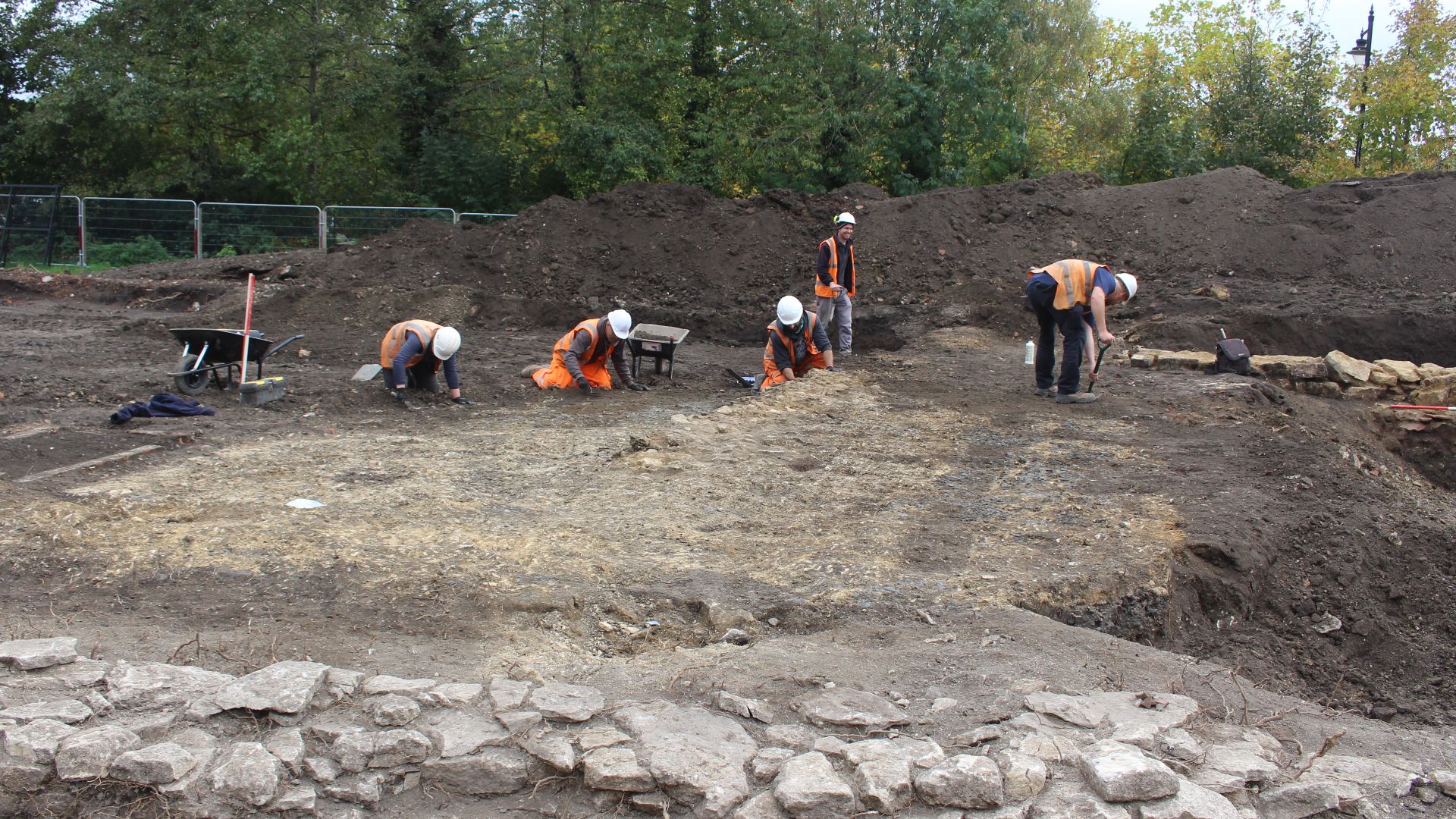 Five archaeologists cleaning a footpath surface with trowels.