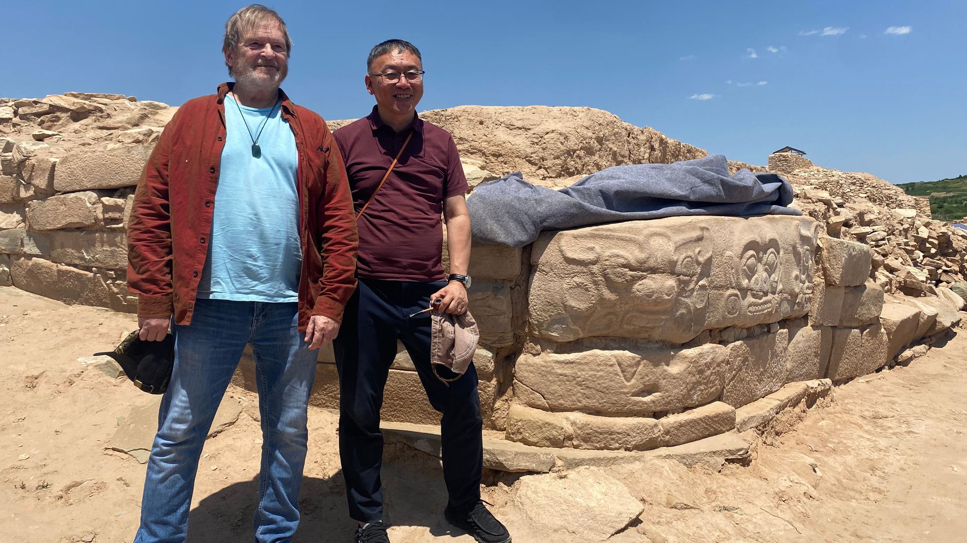 American Archeologist Karl Taube and Chinese Archeologist Li Xinwei at the Shimao Neolithic Site in Shaanxi, China.