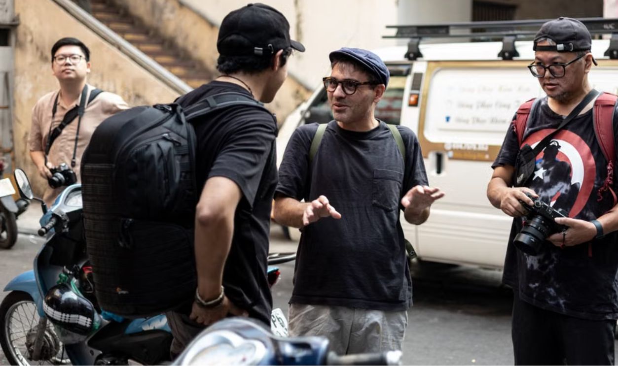 tourist talking with locals