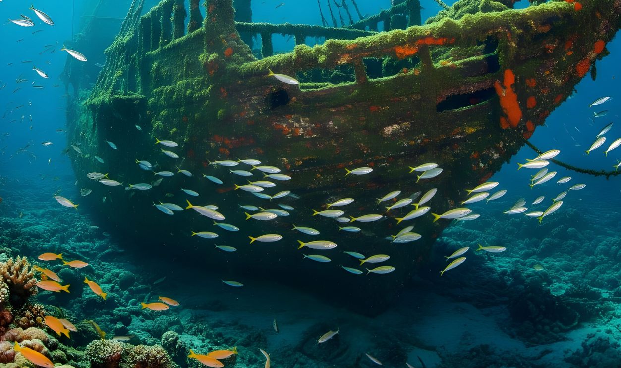 A highly detailed and moody cinematic shot of a mysterious sunken pirate ship, its weathered wooden hull extensively covered in vibrant green algae and colorful coral formations.