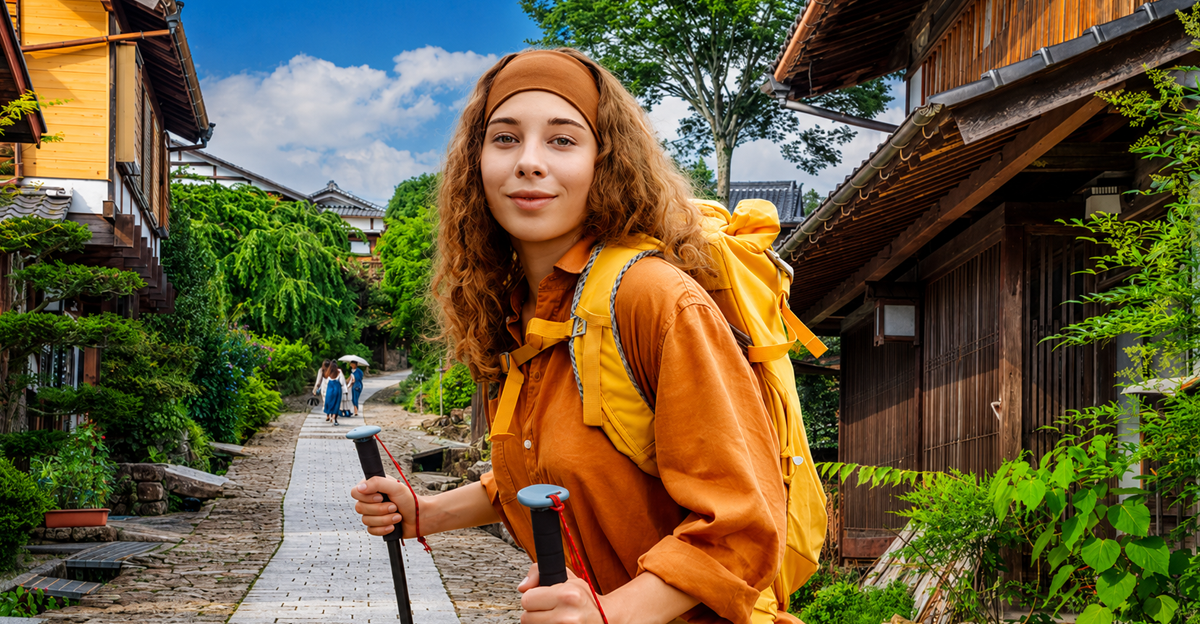 Composite of Magome, Japan Along the Nakasendo historic trail, with female hiker with red hair in the foreground