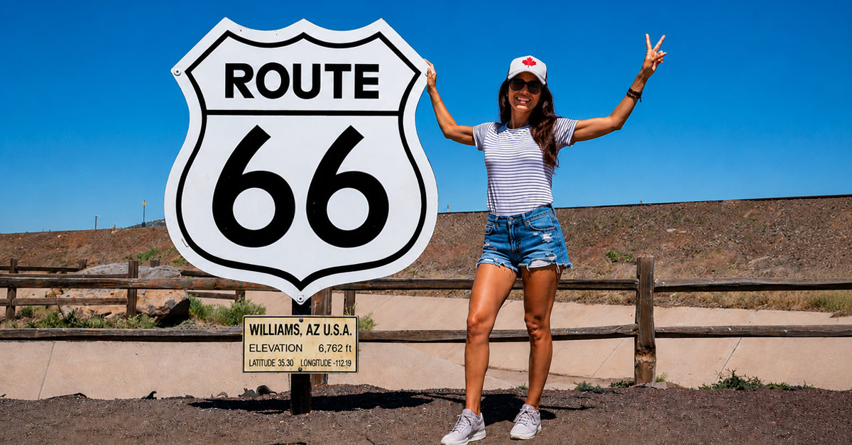 Composite of Iconic Route 66 sign in Williams, Arizona with AI-generated female tourist posing