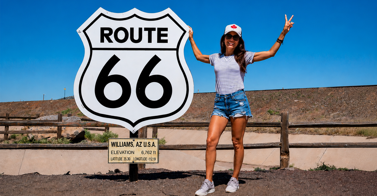 Composite of Iconic Route 66 sign in Williams, Arizona with AI-generated female tourist posing