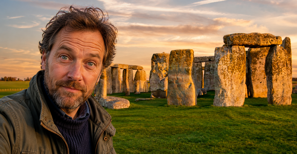 Closeup view of Stonehenge Monument, with AI-generated man in foreground