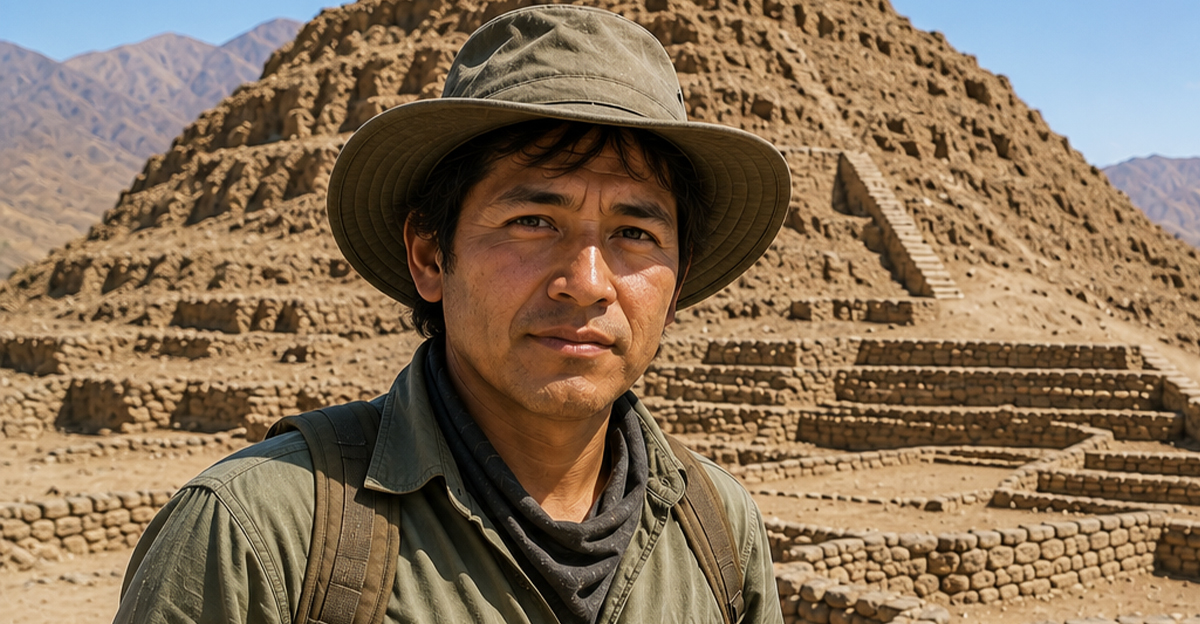 AI-generated image of an archaeologist at the site of the ancient city of Peñico in Peru.