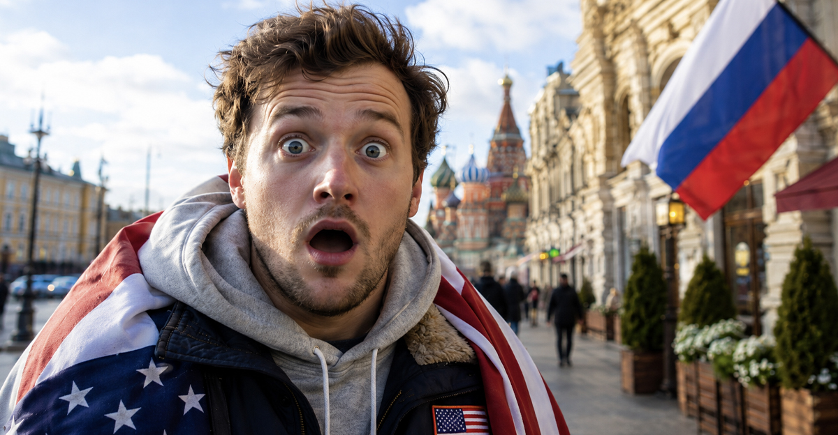 Shocked American man standing on the street in Russia