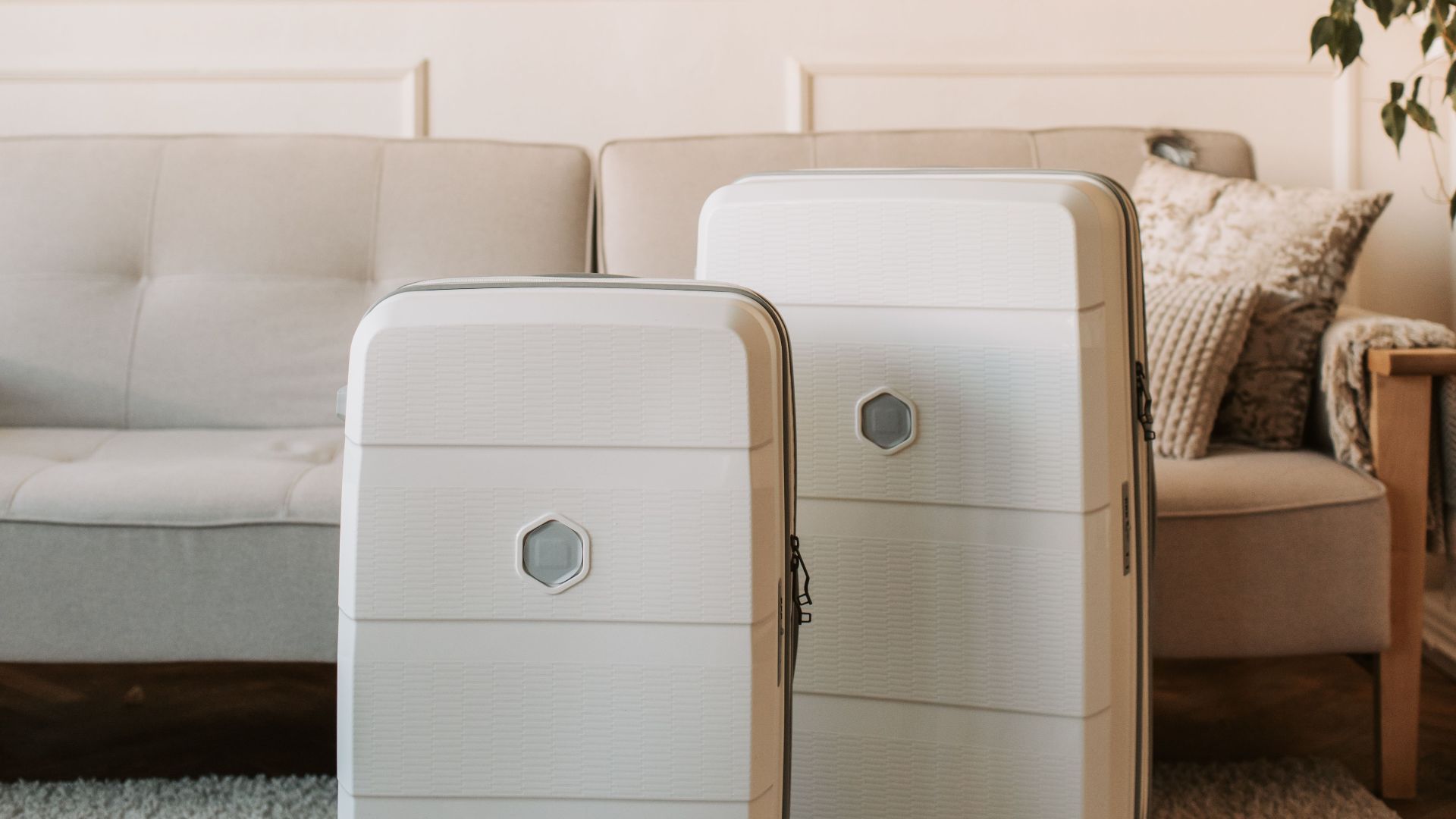 Modern white suitcases placed in warm, stylish living room, perfect for travel concepts.