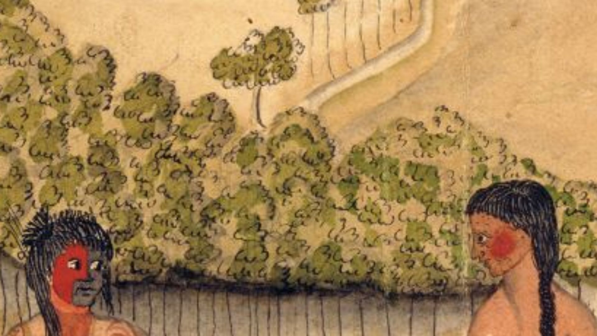 A watercolor sketch of 8 Native Americans of various tribes and 1 boy of African descent in 1735. The Native American on the far right with the pipe is Atakapa. The French depended on Native Americans and imported Africans for labour. Made by the French a