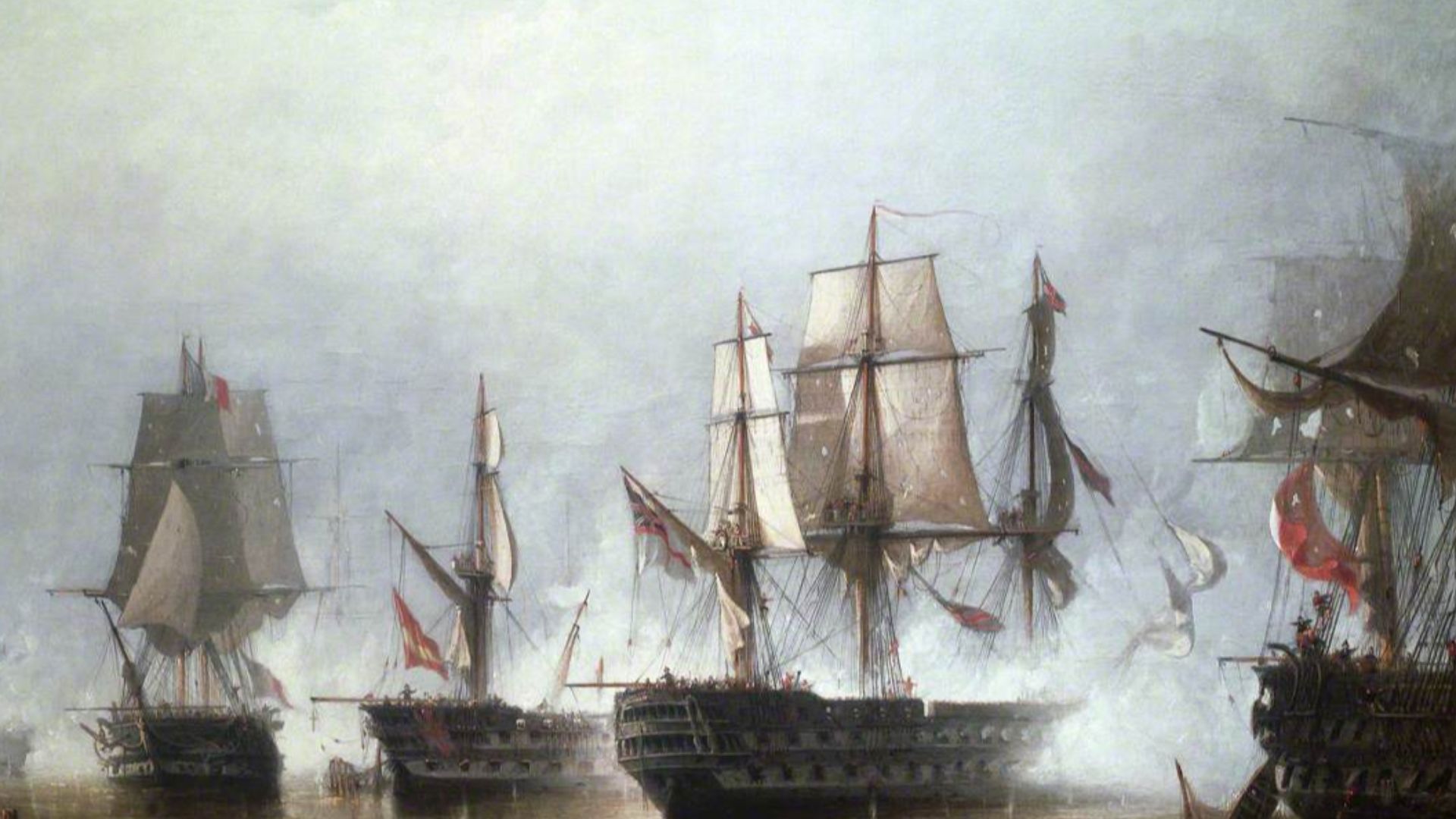 In the centre and right of centre of the painting is the British ship Colossus. Her guns are shown firing into the French Argonaute which is in the foreground to the right. Beyond and to the left of the 'Colossus' and partially masked by her is the stern 