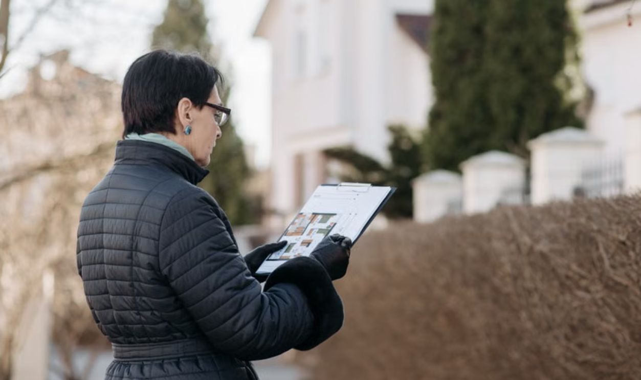 woman inspecting house