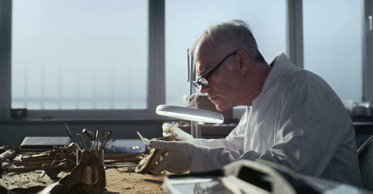 Senior paleoanthropologist in gloves and lab coat examines prehistoric human bones under lamp