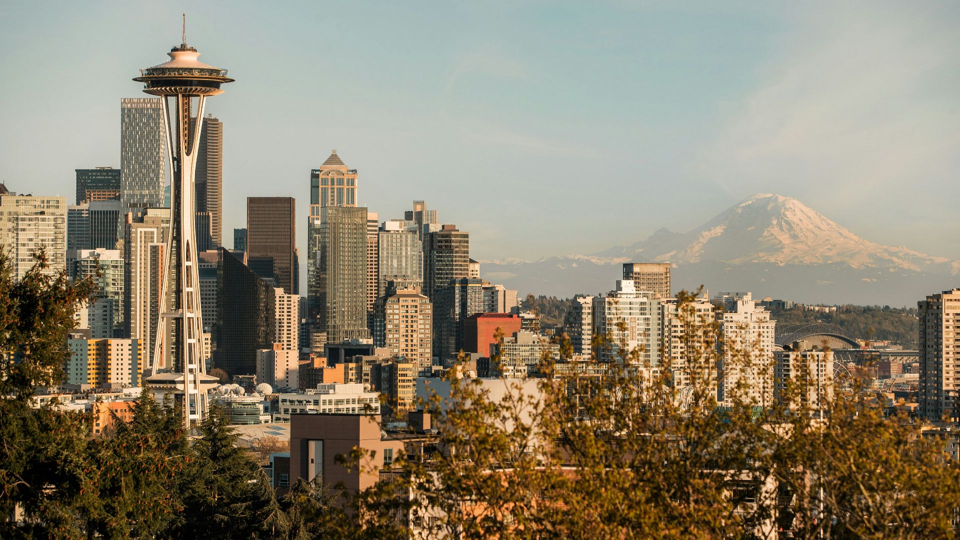 a view of a city with a mountain in the background
