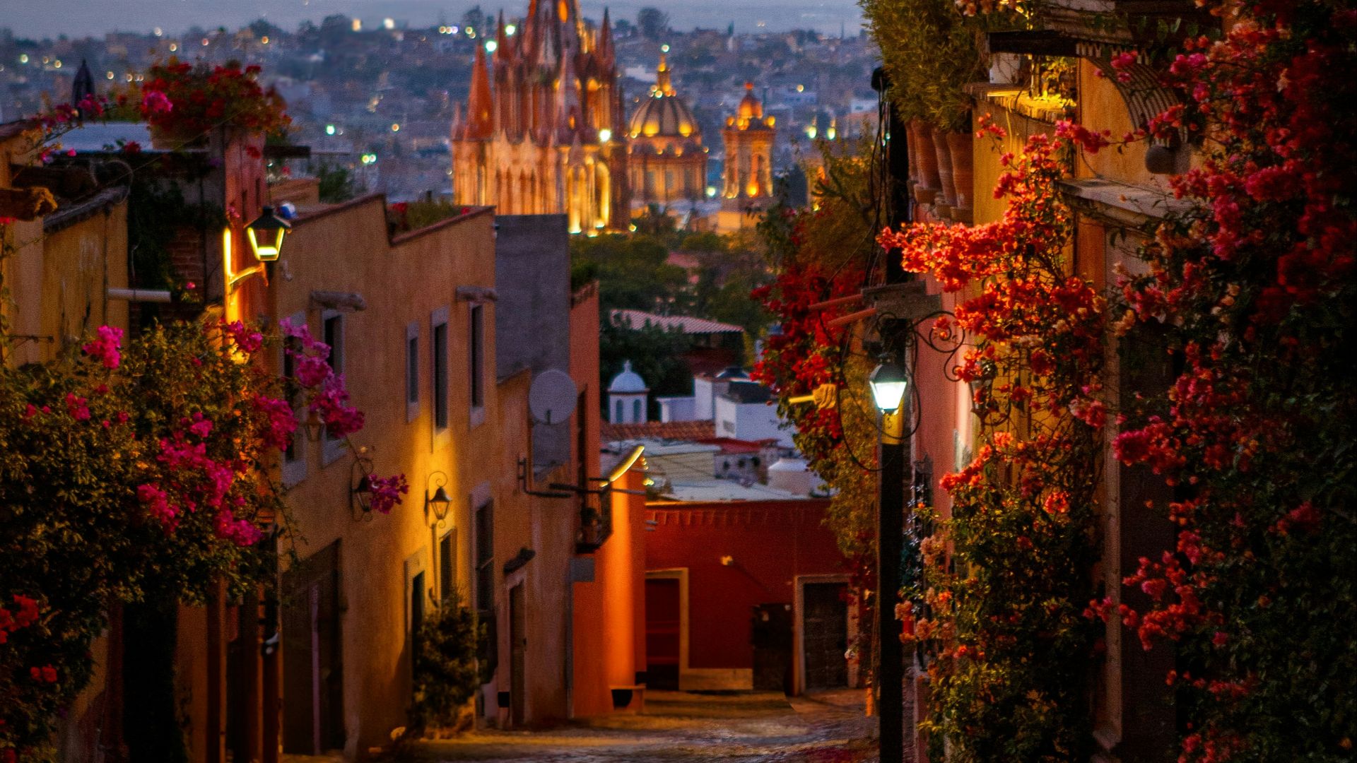 A narrow street with a view of a city in the distance